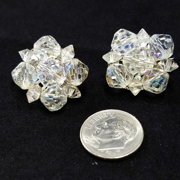 Coro Aurora Borealis Crystal Clip Earrings Silver Tone 1950s Vintage Jewelry - Picture 3 of 10